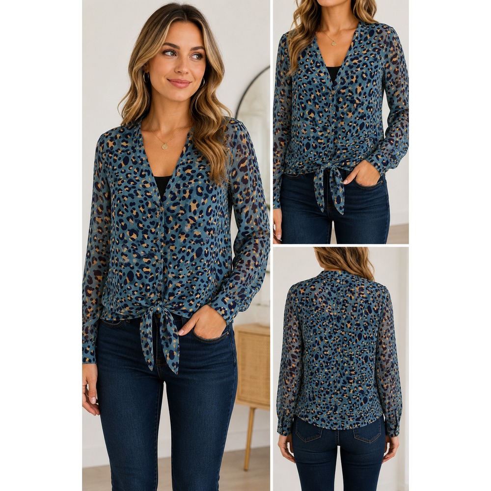 Freebird Women's Medium Blue Tan Leopard Print Sheer Tie Front Blouse